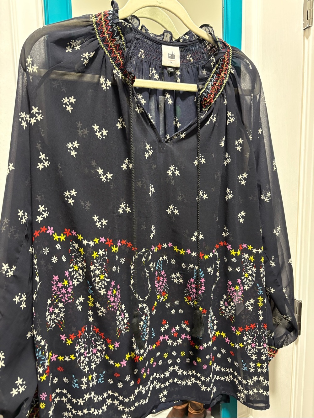 CAbi Navy Floral Sheer Peasant Top
